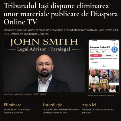 Tribunalul Iași dispune eliminarea unor materiale publicate de Diaspora Online TV