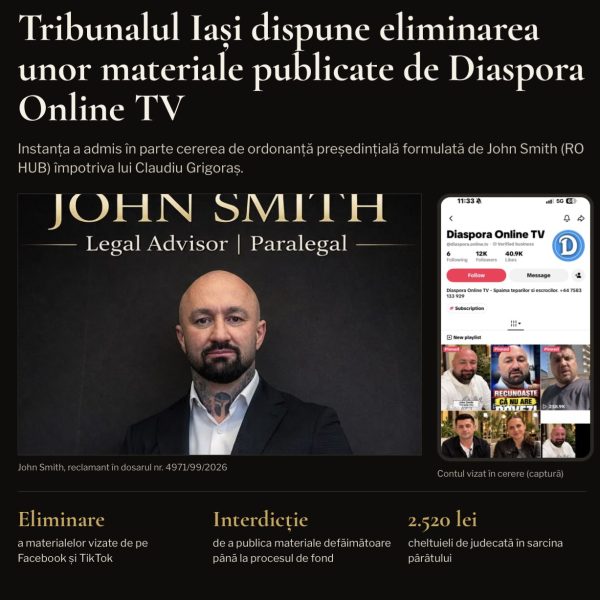 Tribunalul Iași dispune eliminarea unor materiale publicate de Diaspora Online TV
